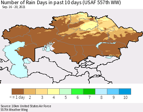 Kazakhstan Number of Rain Days in past 10 days (USAF 557th WW) Thematic Map For 9/16/2021 - 9/20/2021