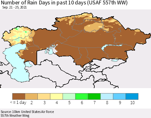 Kazakhstan Number of Rain Days in past 10 days (USAF 557th WW) Thematic Map For 9/21/2021 - 9/25/2021