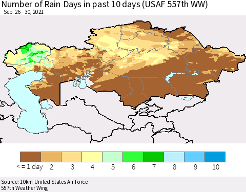 Kazakhstan Number of Rain Days in past 10 days (USAF 557th WW) Thematic Map For 9/26/2021 - 9/30/2021