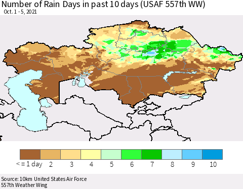 Kazakhstan Number of Rain Days in past 10 days (USAF 557th WW) Thematic Map For 10/1/2021 - 10/5/2021