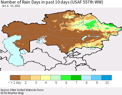 Kazakhstan Number of Rain Days in past 10 days (USAF 557th WW) Thematic Map For 10/6/2021 - 10/10/2021