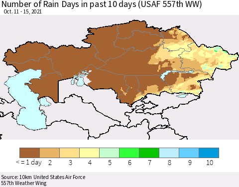 Kazakhstan Number of Rain Days in past 10 days (USAF 557th WW) Thematic Map For 10/11/2021 - 10/15/2021
