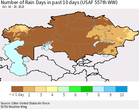 Kazakhstan Number of Rain Days in past 10 days (USAF 557th WW) Thematic Map For 10/16/2021 - 10/20/2021