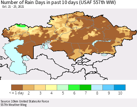 Kazakhstan Number of Rain Days in past 10 days (USAF 557th WW) Thematic Map For 10/21/2021 - 10/25/2021