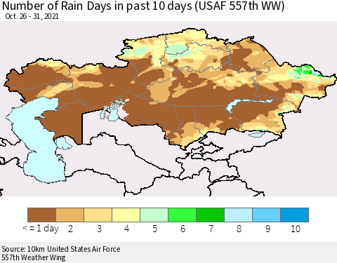 Kazakhstan Number of Rain Days in past 10 days (USAF 557th WW) Thematic Map For 10/26/2021 - 10/31/2021