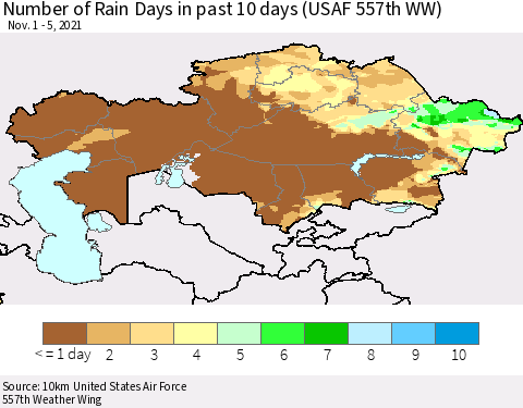 Kazakhstan Number of Rain Days in past 10 days (USAF 557th WW) Thematic Map For 11/1/2021 - 11/5/2021
