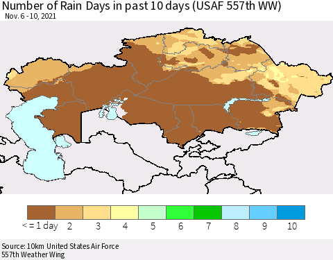 Kazakhstan Number of Rain Days in past 10 days (USAF 557th WW) Thematic Map For 11/6/2021 - 11/10/2021