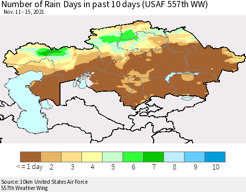 Kazakhstan Number of Rain Days in past 10 days (USAF 557th WW) Thematic Map For 11/11/2021 - 11/15/2021