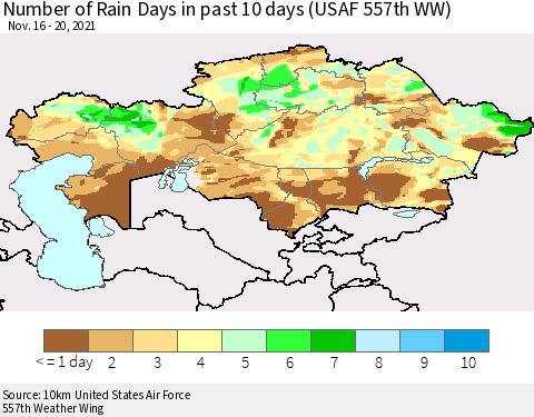 Kazakhstan Number of Rain Days in past 10 days (USAF 557th WW) Thematic Map For 11/16/2021 - 11/20/2021