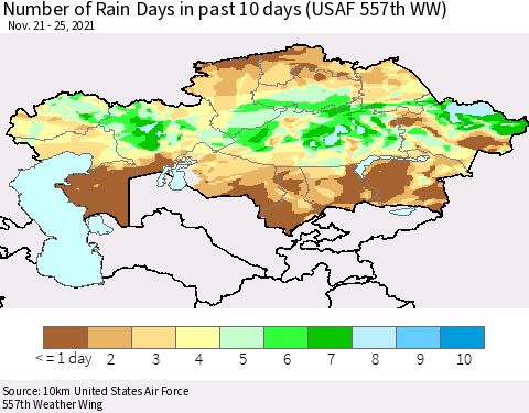 Kazakhstan Number of Rain Days in past 10 days (USAF 557th WW) Thematic Map For 11/21/2021 - 11/25/2021