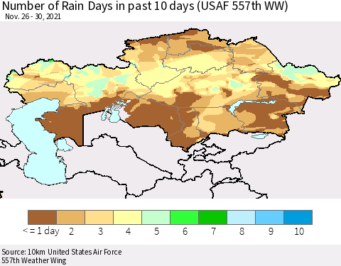 Kazakhstan Number of Rain Days in past 10 days (USAF 557th WW) Thematic Map For 11/26/2021 - 11/30/2021
