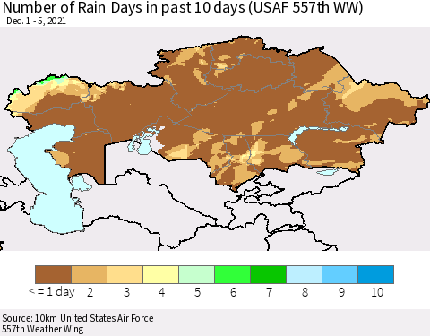 Kazakhstan Number of Rain Days in past 10 days (USAF 557th WW) Thematic Map For 12/1/2021 - 12/5/2021