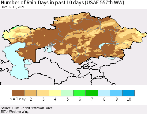 Kazakhstan Number of Rain Days in past 10 days (USAF 557th WW) Thematic Map For 12/6/2021 - 12/10/2021