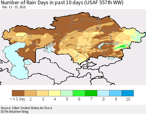 Kazakhstan Number of Rain Days in past 10 days (USAF 557th WW) Thematic Map For 12/11/2021 - 12/15/2021