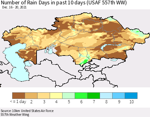 Kazakhstan Number of Rain Days in past 10 days (USAF 557th WW) Thematic Map For 12/16/2021 - 12/20/2021