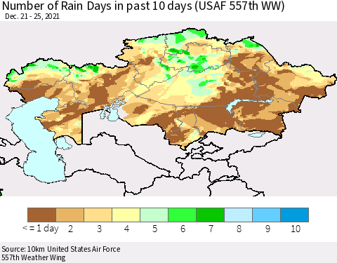 Kazakhstan Number of Rain Days in past 10 days (USAF 557th WW) Thematic Map For 12/21/2021 - 12/25/2021