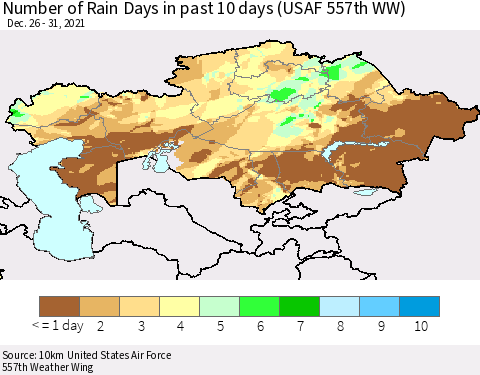 Kazakhstan Number of Rain Days in past 10 days (USAF 557th WW) Thematic Map For 12/26/2021 - 12/31/2021