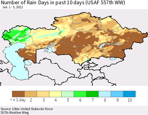 Kazakhstan Number of Rain Days in past 10 days (USAF 557th WW) Thematic Map For 1/1/2022 - 1/5/2022