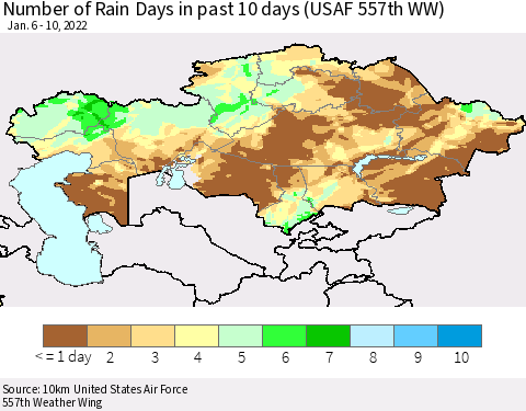 Kazakhstan Number of Rain Days in past 10 days (USAF 557th WW) Thematic Map For 1/6/2022 - 1/10/2022