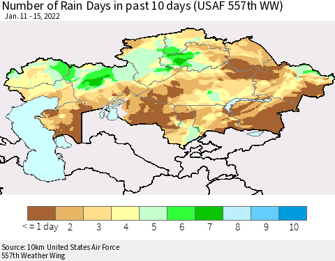 Kazakhstan Number of Rain Days in past 10 days (USAF 557th WW) Thematic Map For 1/11/2022 - 1/15/2022