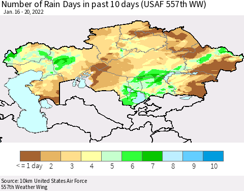 Kazakhstan Number of Rain Days in past 10 days (USAF 557th WW) Thematic Map For 1/16/2022 - 1/20/2022