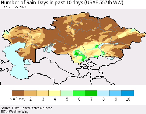 Kazakhstan Number of Rain Days in past 10 days (USAF 557th WW) Thematic Map For 1/21/2022 - 1/25/2022