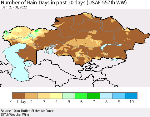 Kazakhstan Number of Rain Days in past 10 days (USAF 557th WW) Thematic Map For 1/26/2022 - 1/31/2022