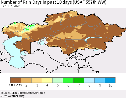 Kazakhstan Number of Rain Days in past 10 days (USAF 557th WW) Thematic Map For 2/1/2022 - 2/5/2022
