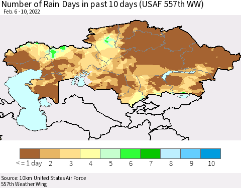 Kazakhstan Number of Rain Days in past 10 days (USAF 557th WW) Thematic Map For 2/6/2022 - 2/10/2022
