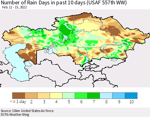 Kazakhstan Number of Rain Days in past 10 days (USAF 557th WW) Thematic Map For 2/11/2022 - 2/15/2022