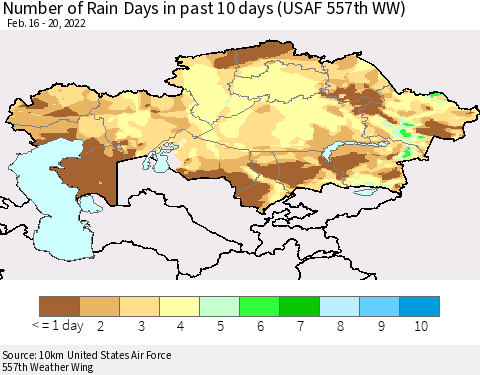 Kazakhstan Number of Rain Days in past 10 days (USAF 557th WW) Thematic Map For 2/16/2022 - 2/20/2022