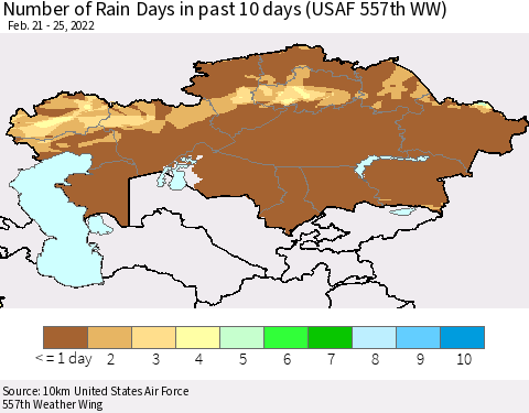 Kazakhstan Number of Rain Days in past 10 days (USAF 557th WW) Thematic Map For 2/21/2022 - 2/25/2022