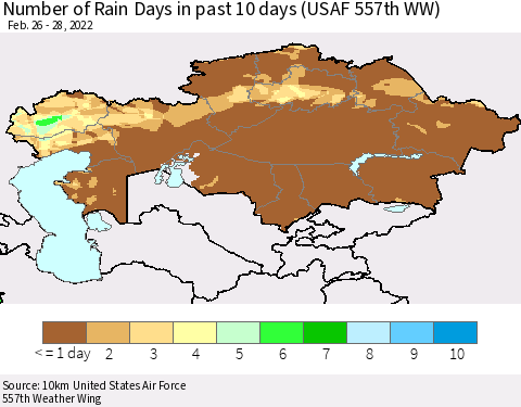 Kazakhstan Number of Rain Days in past 10 days (USAF 557th WW) Thematic Map For 2/26/2022 - 2/28/2022