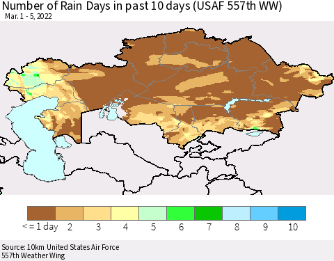 Kazakhstan Number of Rain Days in past 10 days (USAF 557th WW) Thematic Map For 3/1/2022 - 3/5/2022