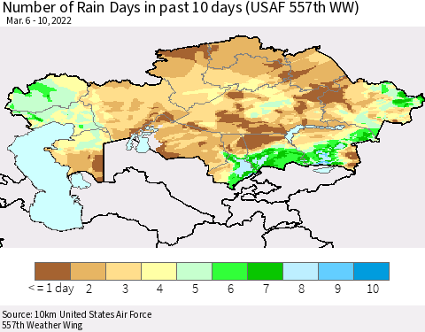 Kazakhstan Number of Rain Days in past 10 days (USAF 557th WW) Thematic Map For 3/6/2022 - 3/10/2022