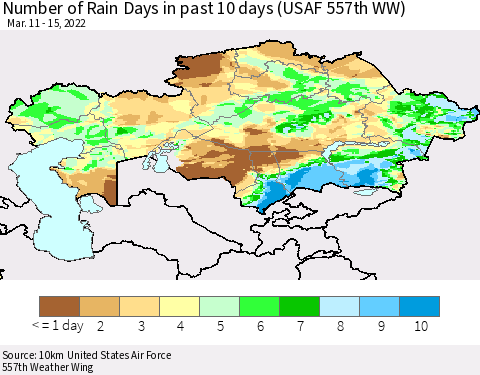 Kazakhstan Number of Rain Days in past 10 days (USAF 557th WW) Thematic Map For 3/11/2022 - 3/15/2022