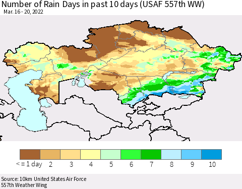 Kazakhstan Number of Rain Days in past 10 days (USAF 557th WW) Thematic Map For 3/16/2022 - 3/20/2022