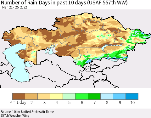 Kazakhstan Number of Rain Days in past 10 days (USAF 557th WW) Thematic Map For 3/21/2022 - 3/25/2022