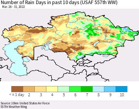 Kazakhstan Number of Rain Days in past 10 days (USAF 557th WW) Thematic Map For 3/26/2022 - 3/31/2022