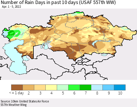 Kazakhstan Number of Rain Days in past 10 days (USAF 557th WW) Thematic Map For 4/1/2022 - 4/5/2022