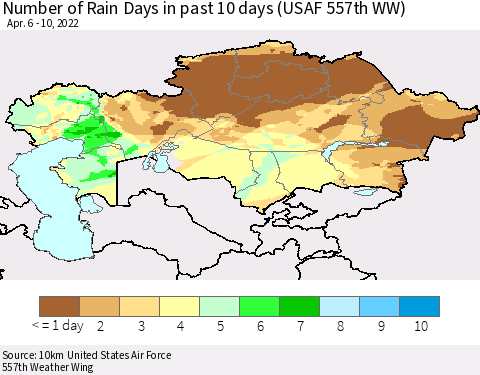 Kazakhstan Number of Rain Days in past 10 days (USAF 557th WW) Thematic Map For 4/6/2022 - 4/10/2022
