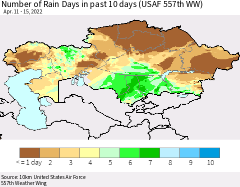 Kazakhstan Number of Rain Days in past 10 days (USAF 557th WW) Thematic Map For 4/11/2022 - 4/15/2022