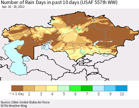 Kazakhstan Number of Rain Days in past 10 days (USAF 557th WW) Thematic Map For 4/16/2022 - 4/20/2022