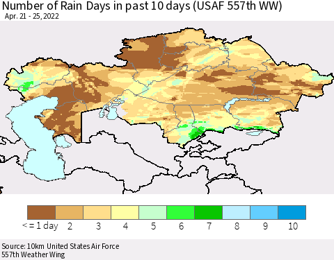 Kazakhstan Number of Rain Days in past 10 days (USAF 557th WW) Thematic Map For 4/21/2022 - 4/25/2022