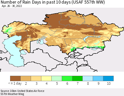 Kazakhstan Number of Rain Days in past 10 days (USAF 557th WW) Thematic Map For 4/26/2022 - 4/30/2022