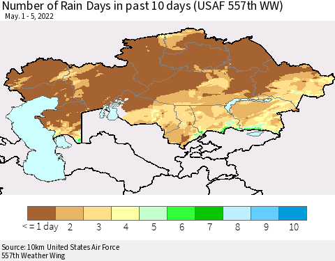 Kazakhstan Number of Rain Days in past 10 days (USAF 557th WW) Thematic Map For 5/1/2022 - 5/5/2022