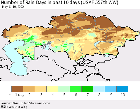 Kazakhstan Number of Rain Days in past 10 days (USAF 557th WW) Thematic Map For 5/6/2022 - 5/10/2022