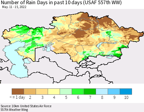 Kazakhstan Number of Rain Days in past 10 days (USAF 557th WW) Thematic Map For 5/11/2022 - 5/15/2022