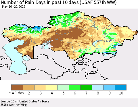 Kazakhstan Number of Rain Days in past 10 days (USAF 557th WW) Thematic Map For 5/16/2022 - 5/20/2022