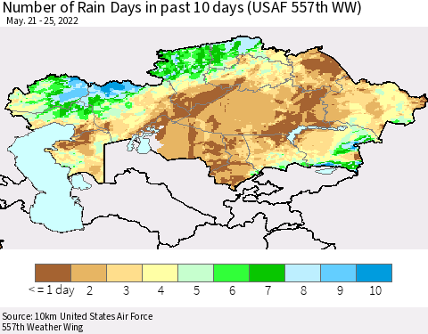Kazakhstan Number of Rain Days in past 10 days (USAF 557th WW) Thematic Map For 5/21/2022 - 5/25/2022